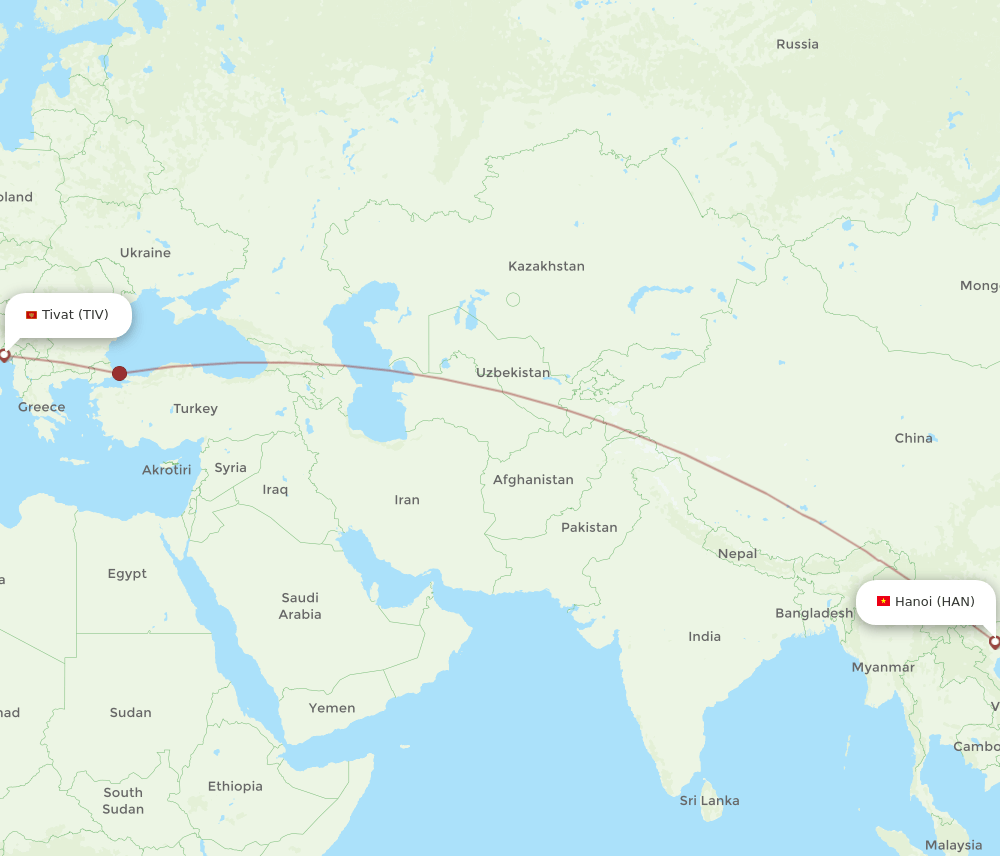 Hanoi - Tivat route map and flight paths