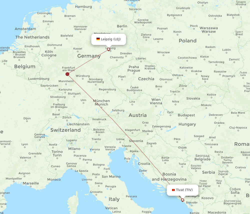 Leipzig/Halle - Tivat route map and flight paths