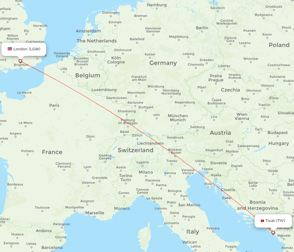 TIV-LGW flight routes