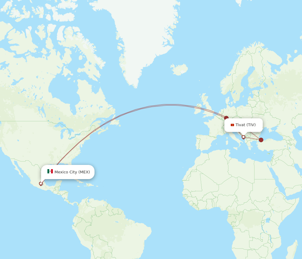 Mexico City - Tivat route map and flight paths