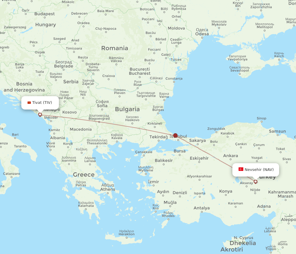 Nevsehir - Tivat route map and flight paths