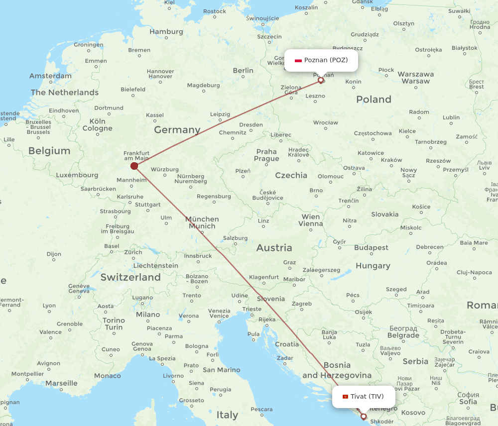 Poznan - Tivat route map and flight paths