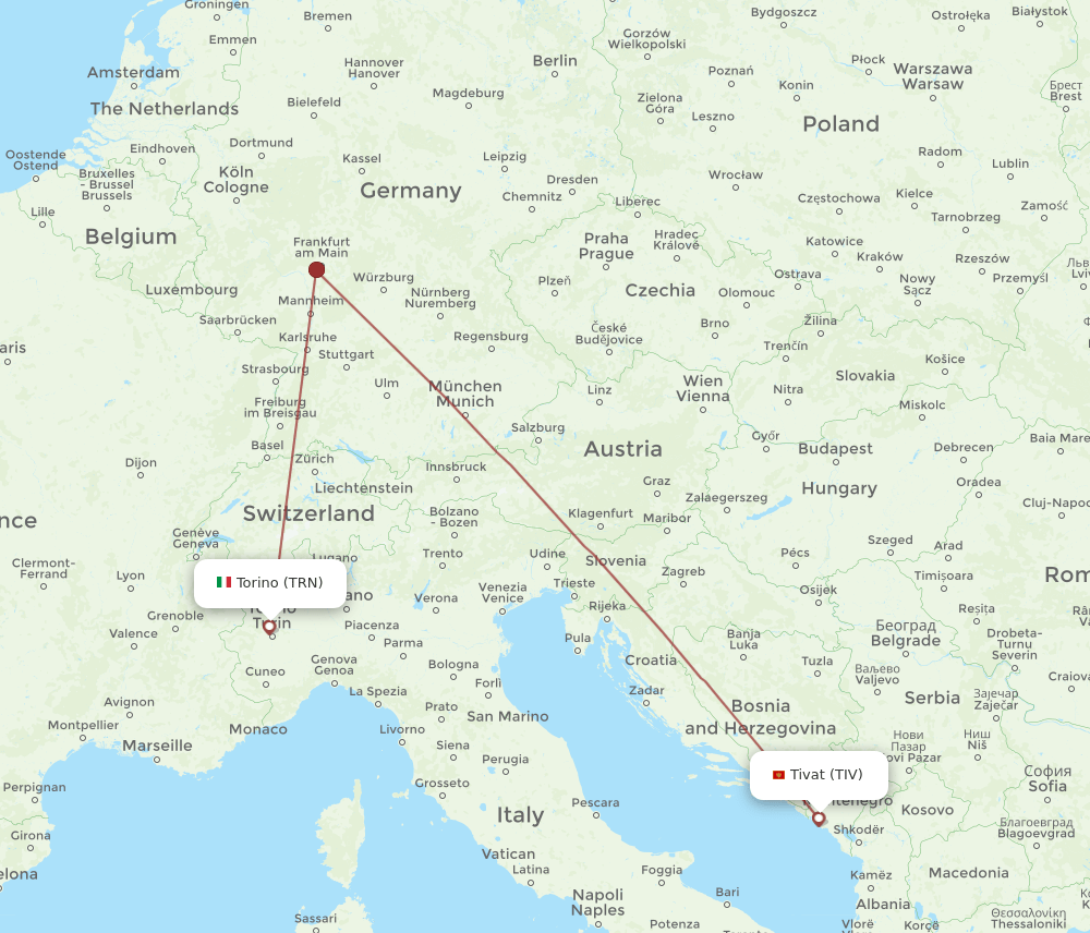 Turin - Tivat route map and flight paths