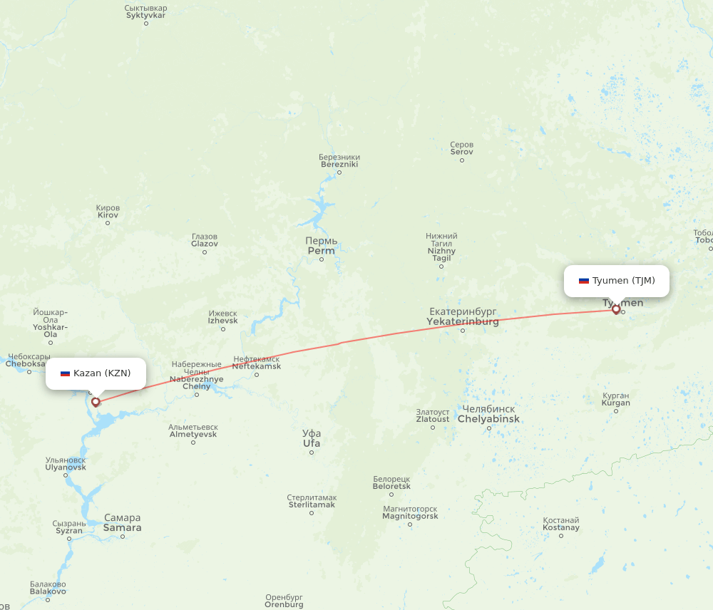 Tyumen - Kazan route map and flight paths