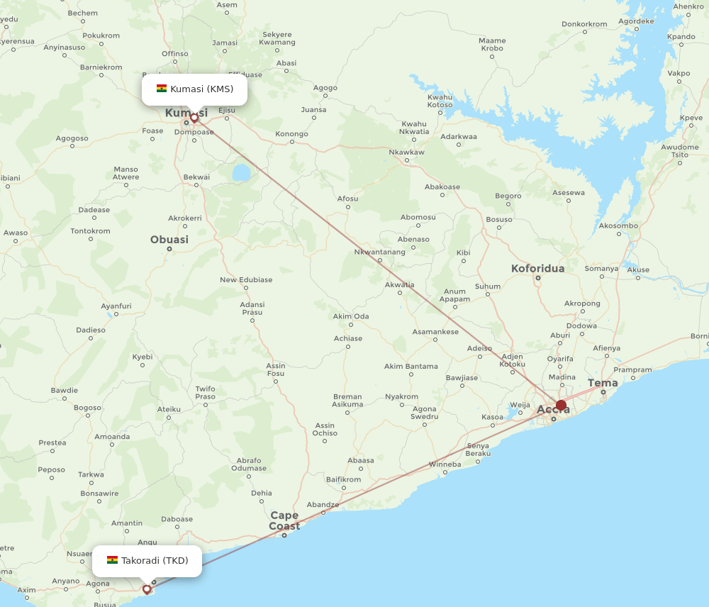 TKD to KMS flights and routes map