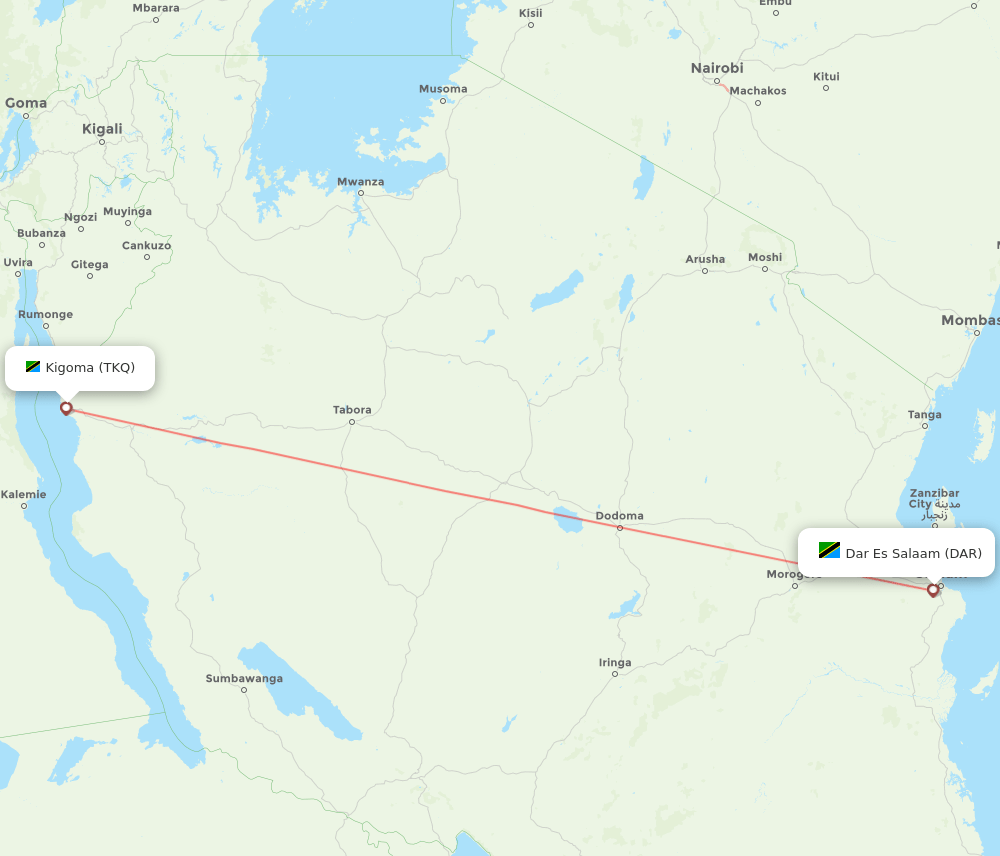 Kigoma - Dar Es Salaam route map and flight paths
