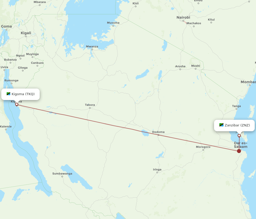 Zanzibar - Kigoma route map and flight paths