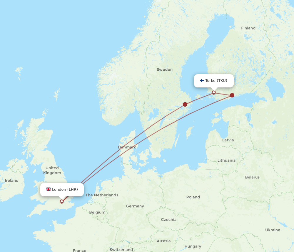 TKU to LHR flights and routes map