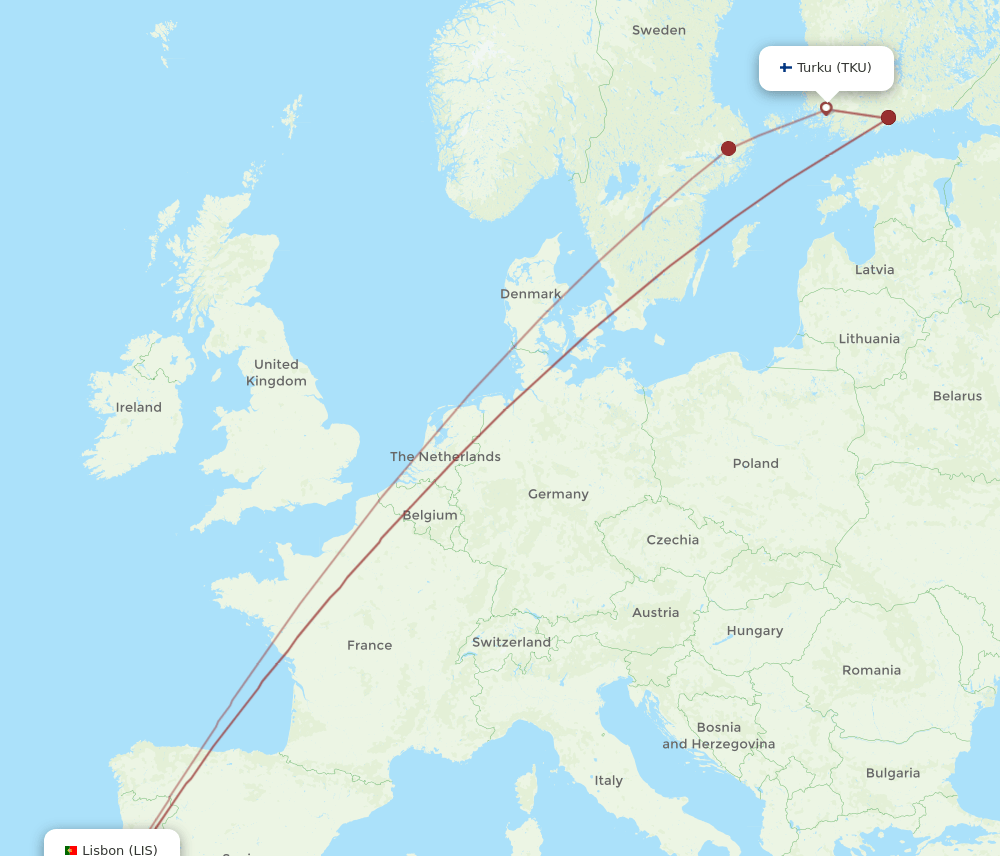 TKU to LIS flights and routes map