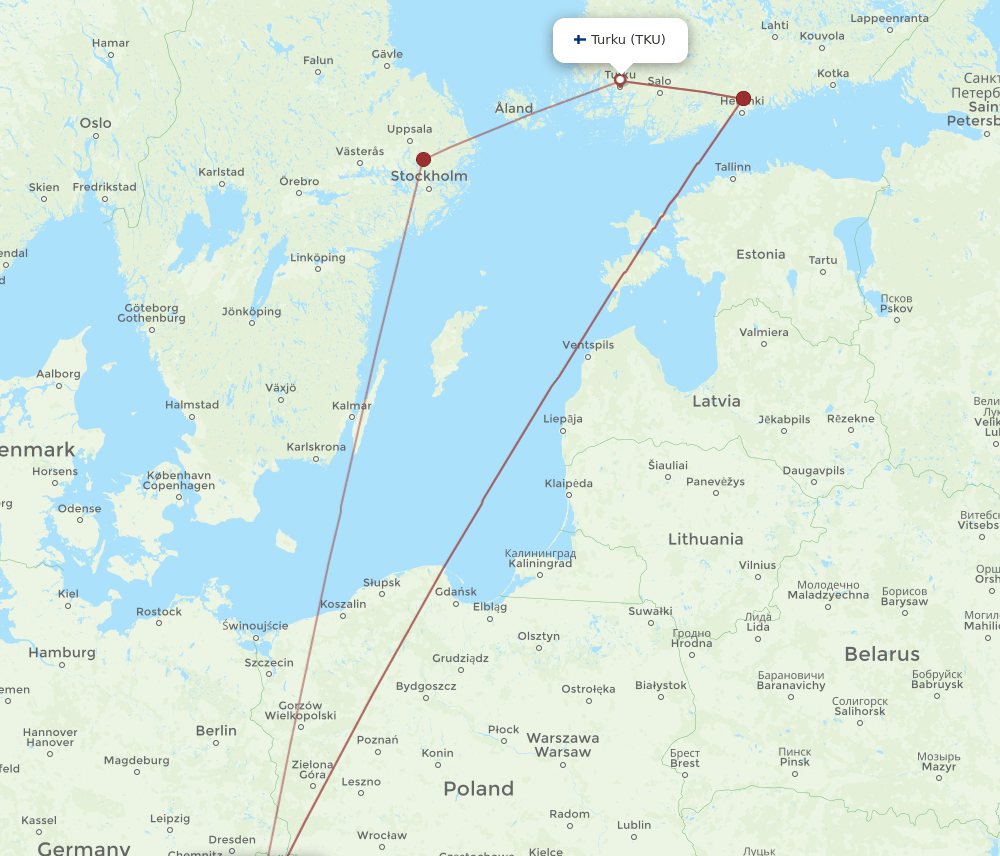 TKU to PRG flights and routes map