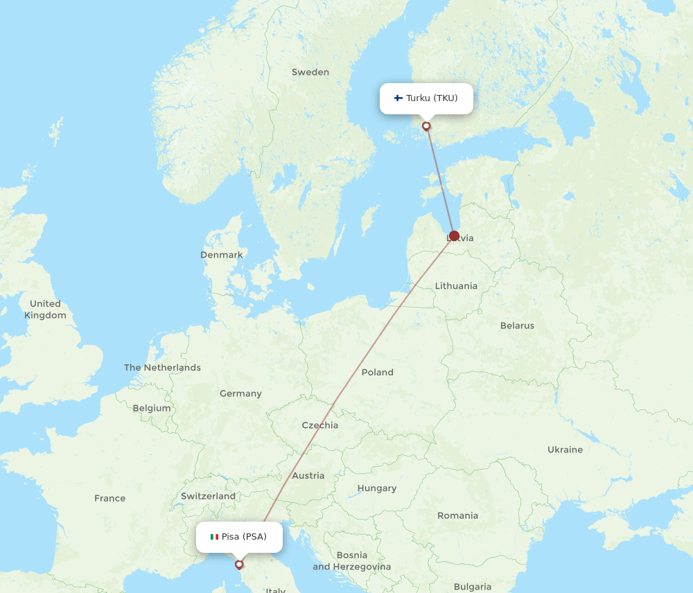 Pisa - Turku route map and flight paths