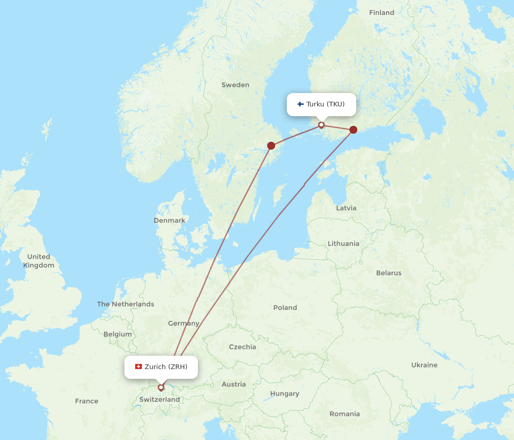 Zurich - Turku route map and flight paths
