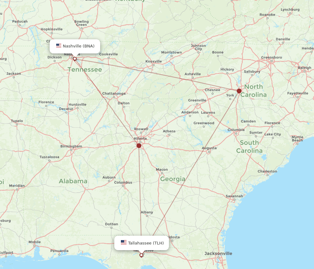 TLH to BNA flights and routes map