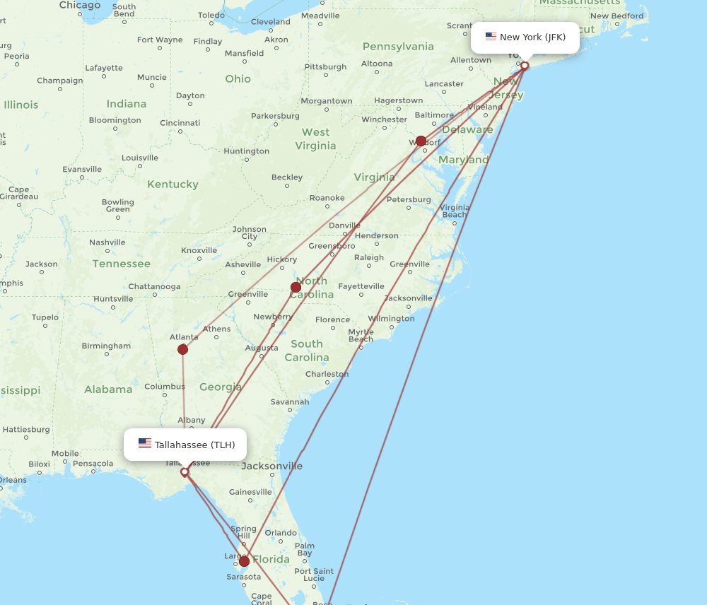 TLH to JFK flights and routes map