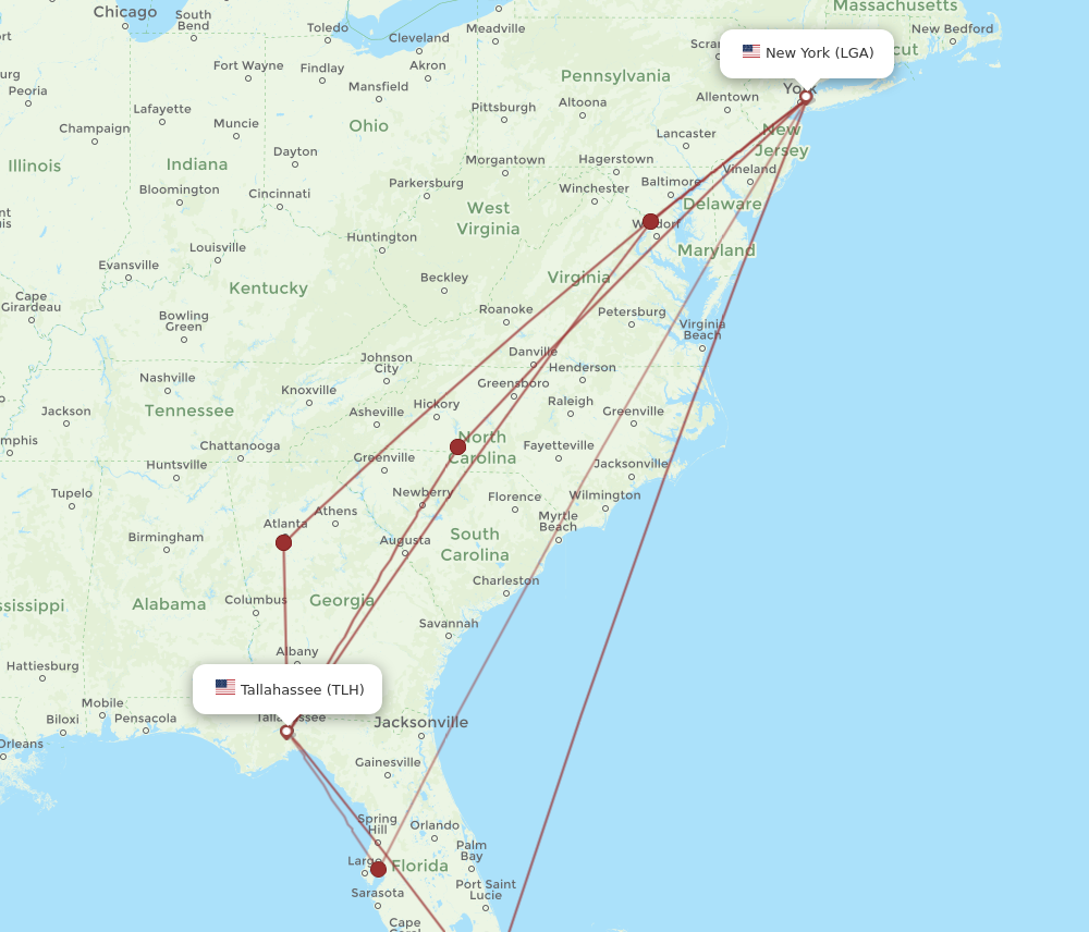 TLH to LGA flights and routes map