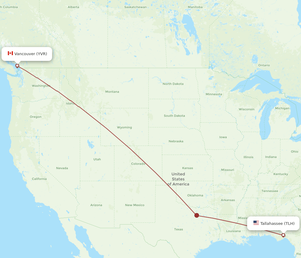 Vancouver - Tallahassee route map and flight paths