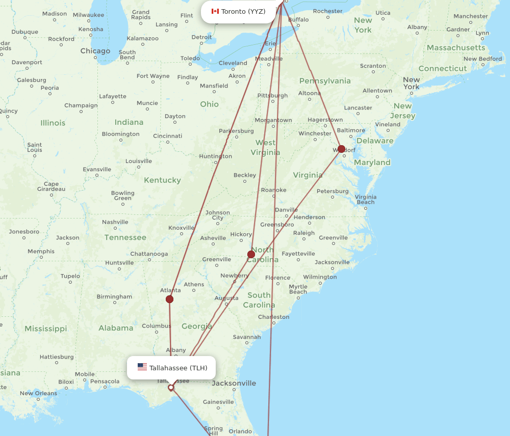 YYZ to TLH flights and routes map