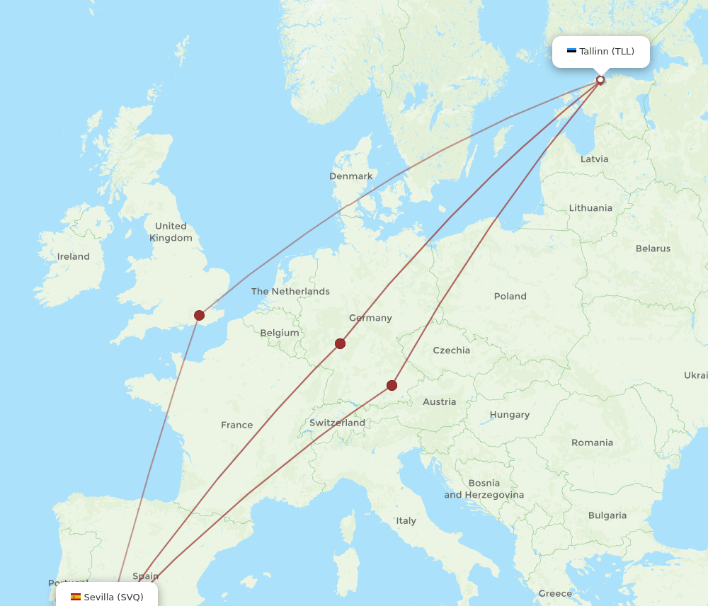 Sevilla - Tallinn route map and flight paths