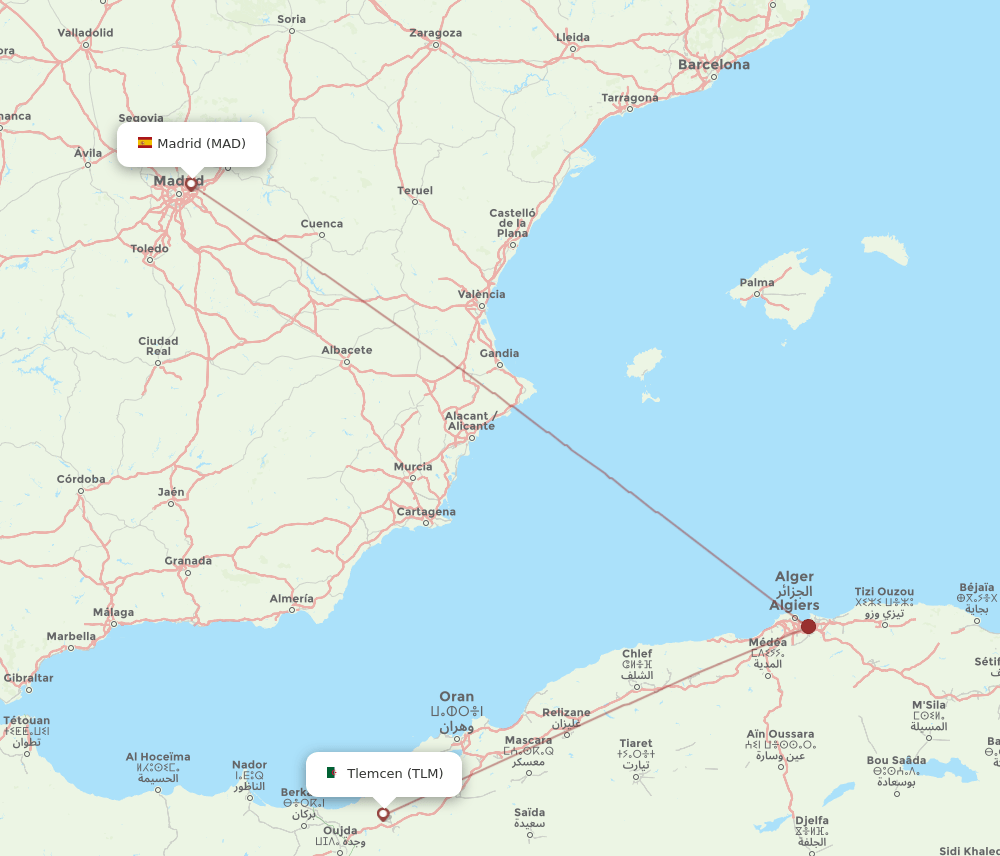Madrid - Tlemcen route map and flight paths