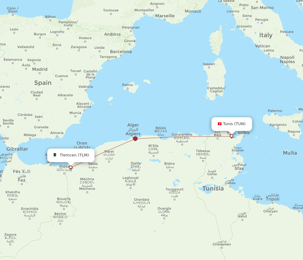 Tunis - Tlemcen route map and flight paths