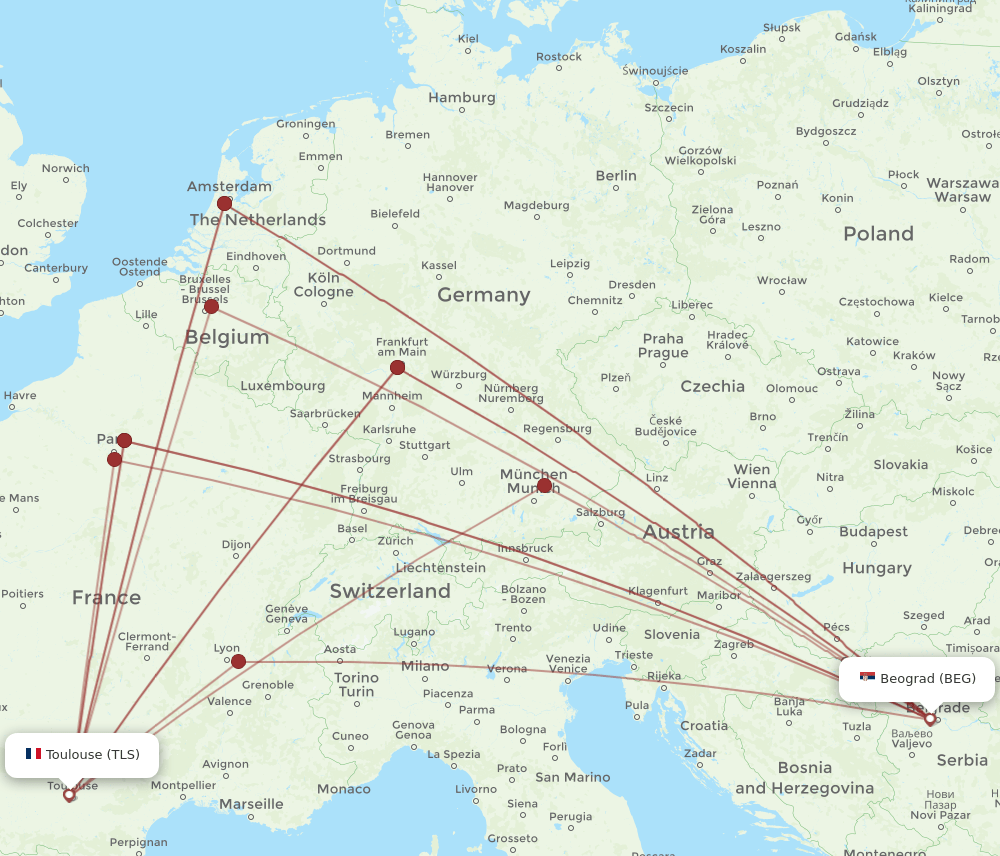 TLS to BEG flights and routes map