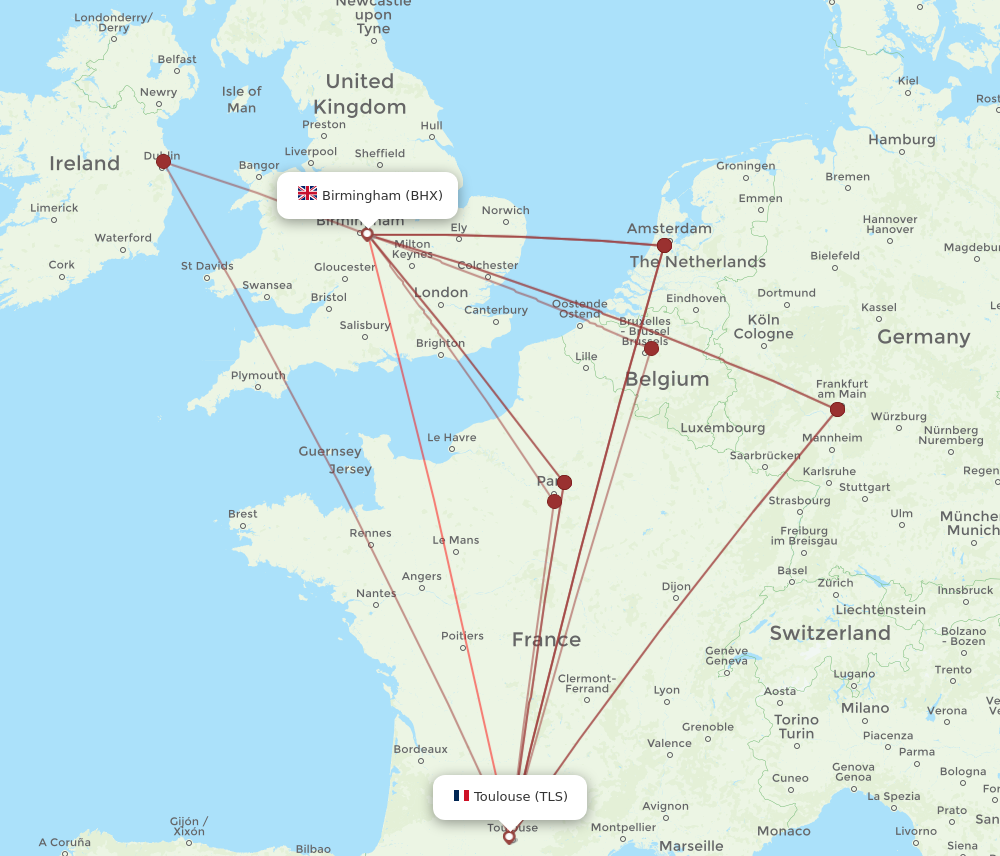 TLS to BHX flights and routes map