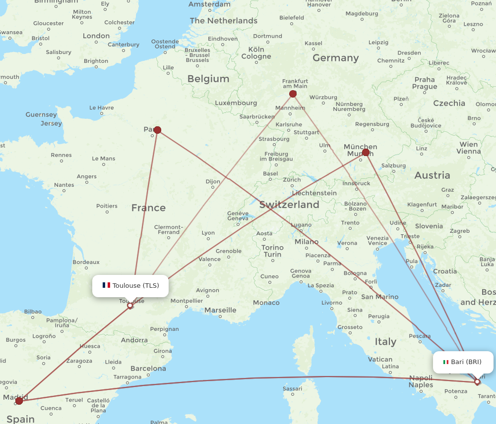 TLS to BRI flights and routes map