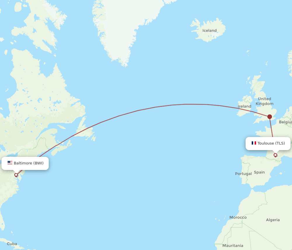 TLS to BWI flights and routes map