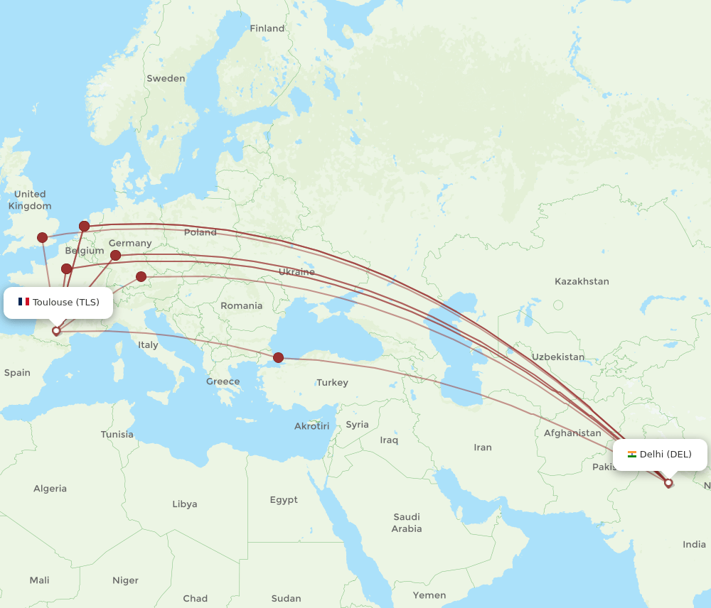 TLS to DEL flights and routes map
