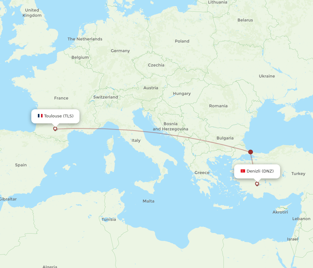 TLS to DNZ flights and routes map