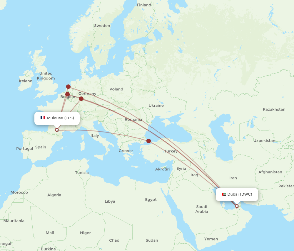 TLS to DWC flights and routes map