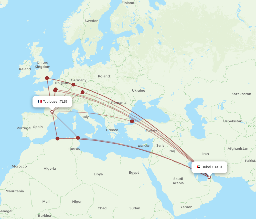 TLS to DXB flights and routes map