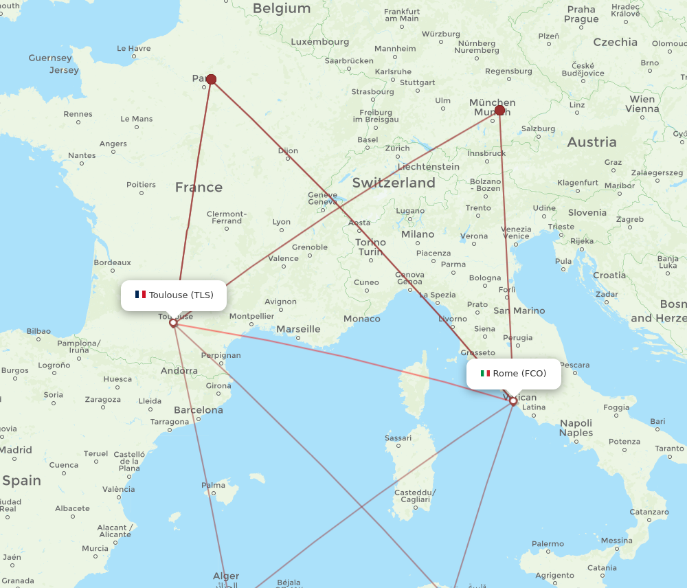 TLS to FCO flights and routes map