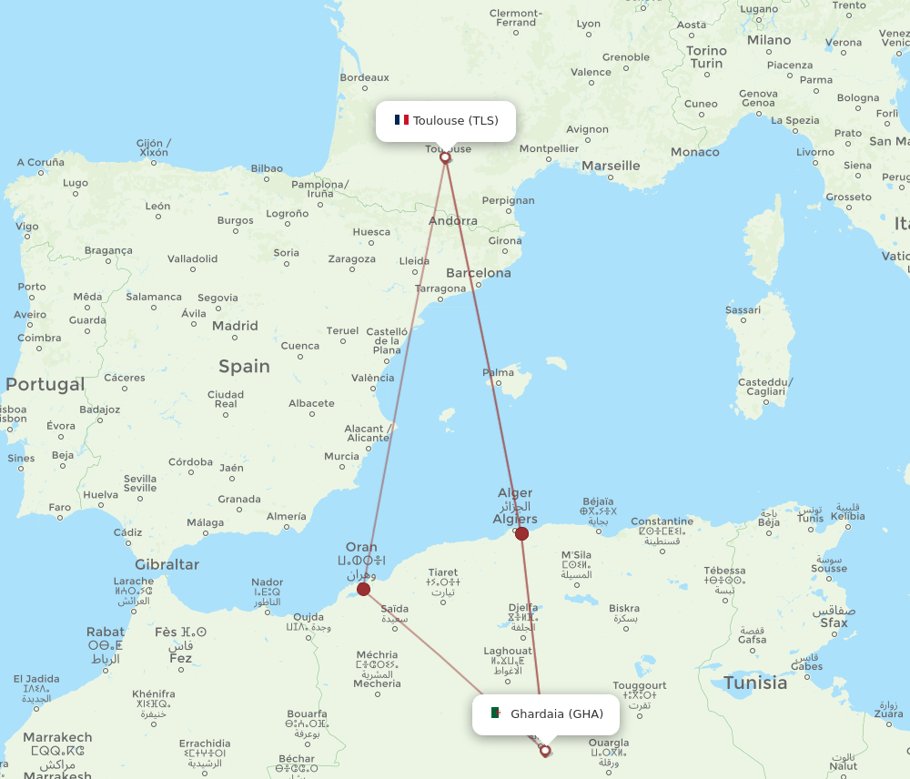 Ghardaia - Toulouse route map and flight paths