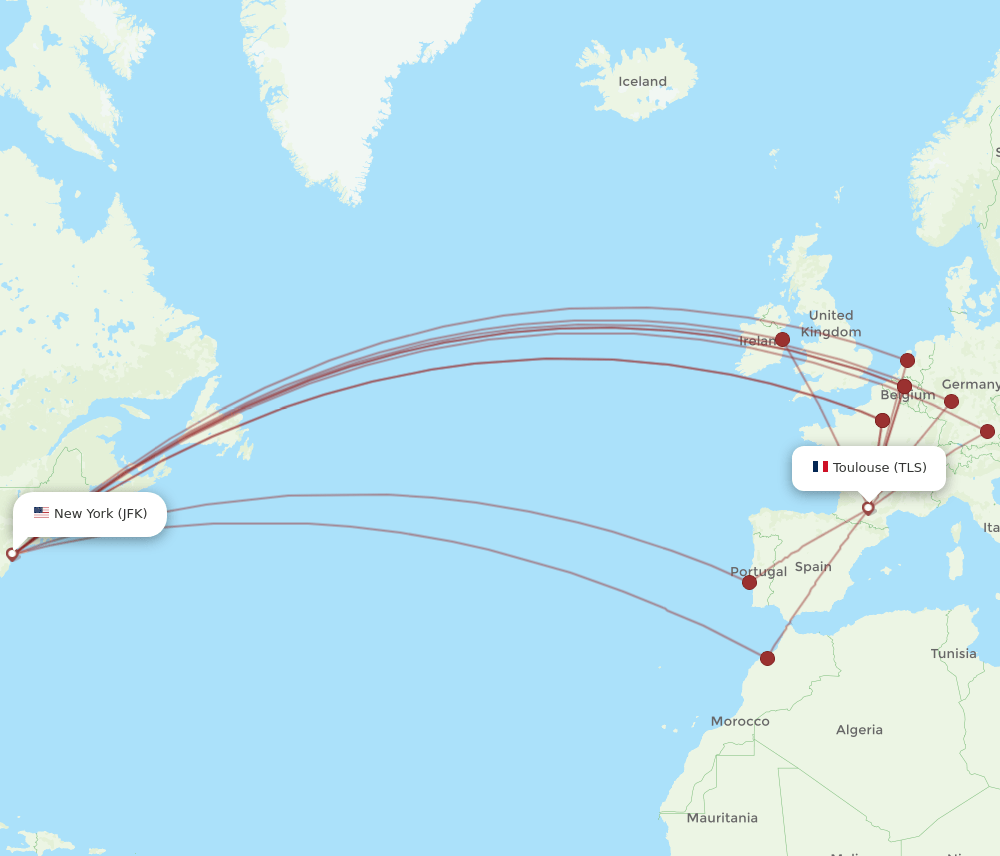 TLS to JFK flights and routes map