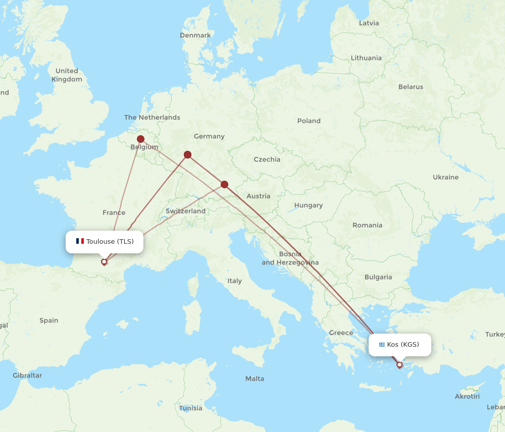 TLS to KGS flights and routes map