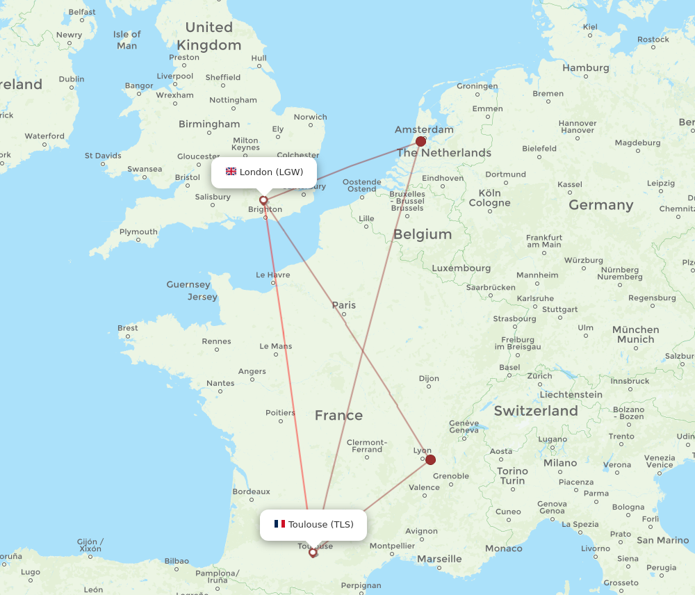 TLS to LGW flights and routes map