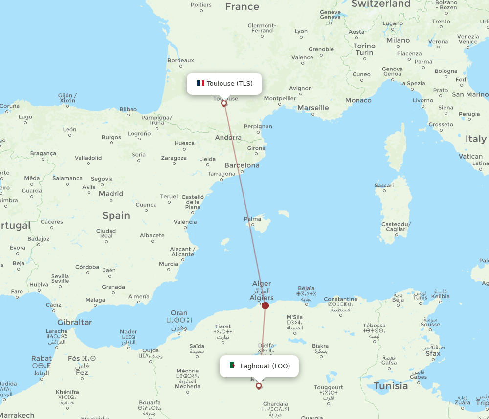 Laghouat - Toulouse route map and flight paths