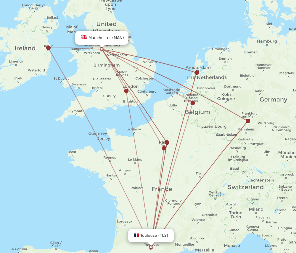 TLS to MAN flights and routes map