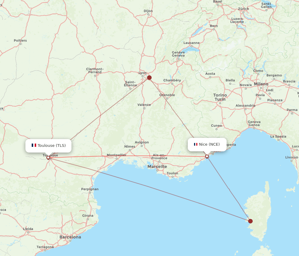 TLS to NCE flights and routes map