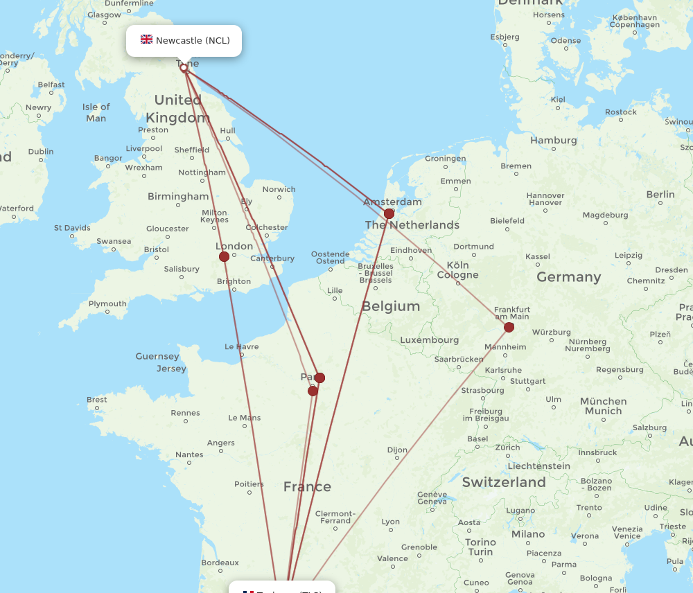 TLS to NCL flights and routes map