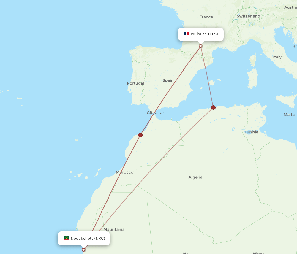 TLS to NKC flights and routes map