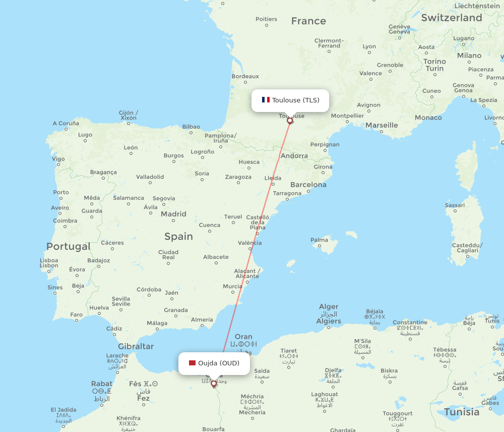 Toulouse - Oujda route map and flight paths