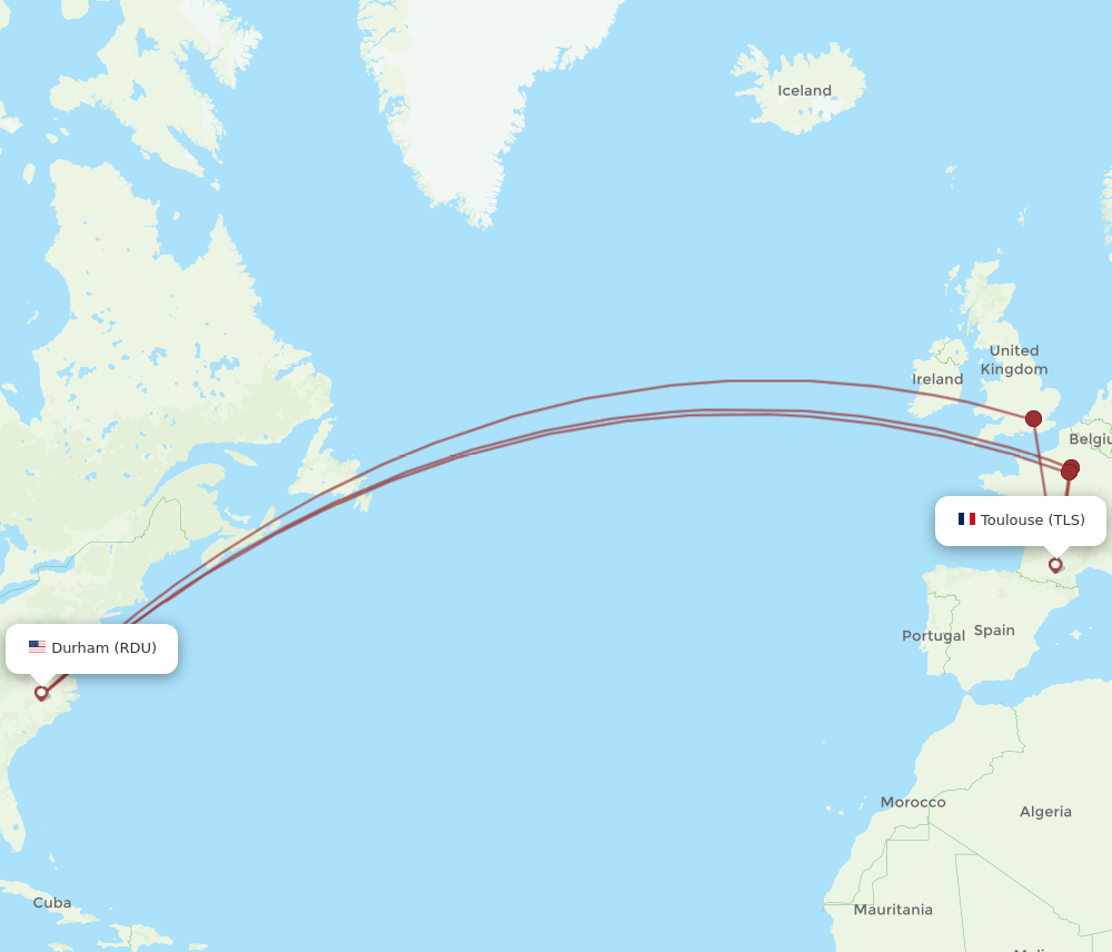 TLS to RDU flights and routes map