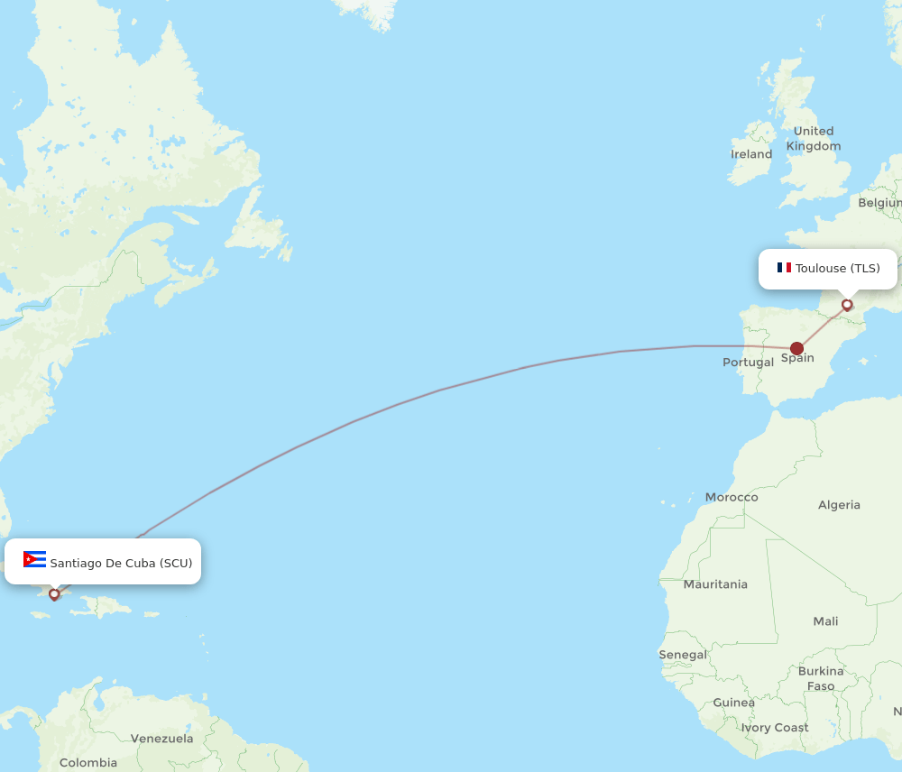 TLS to SCU flights and routes map
