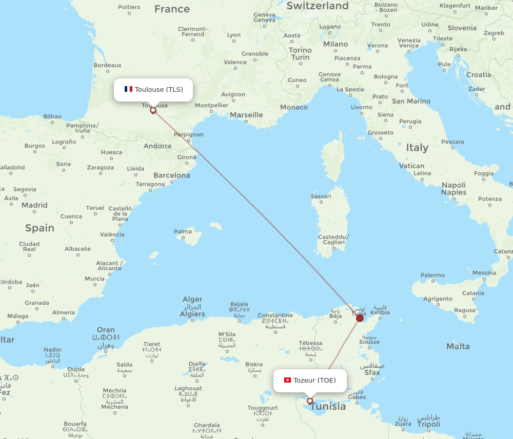 TLS to TOE flights and routes map