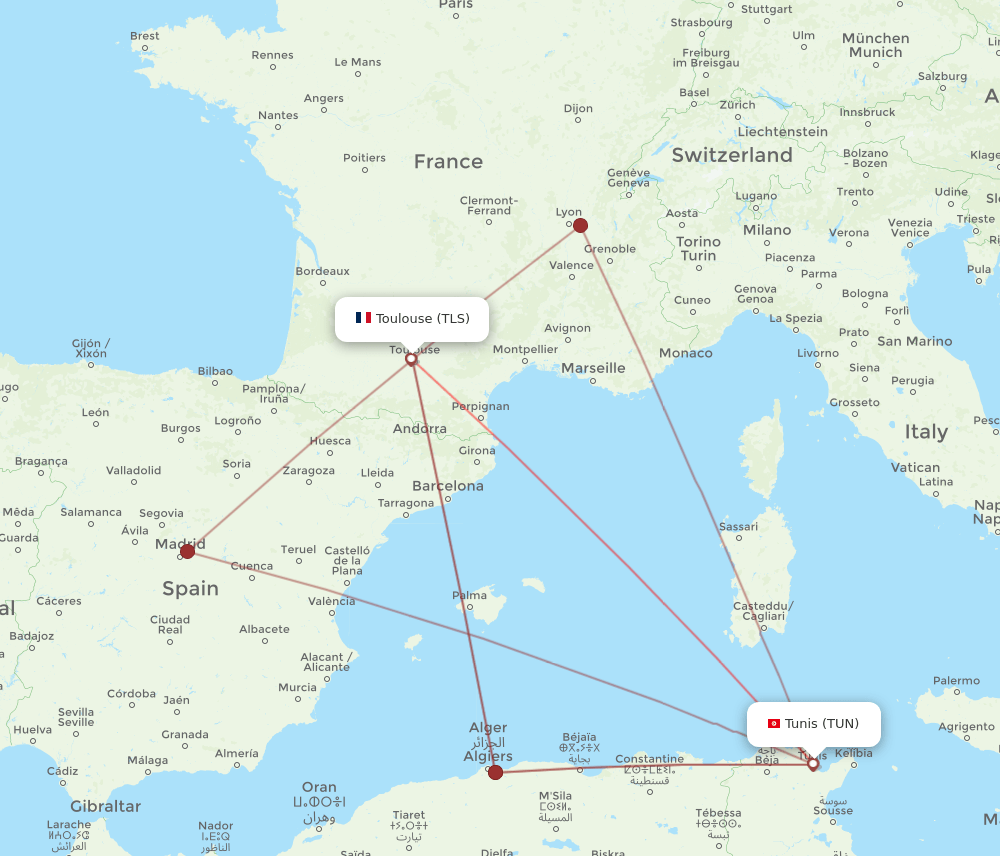 Toulouse - Tunis route map and flight paths