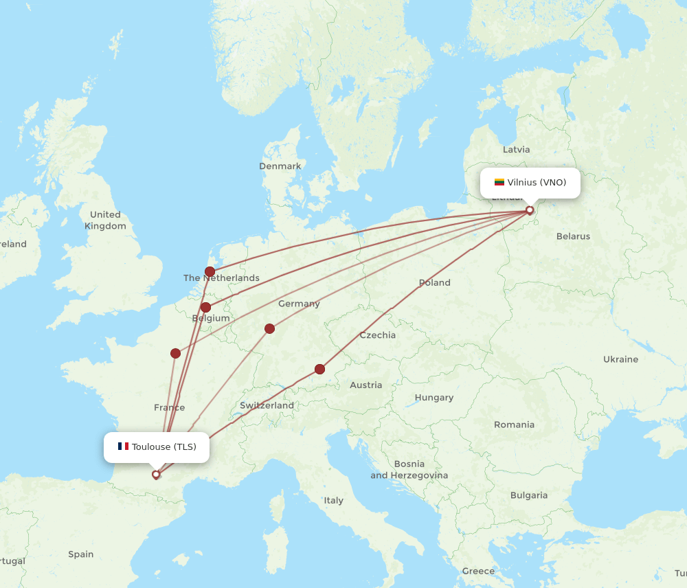 TLS to VNO flights and routes map