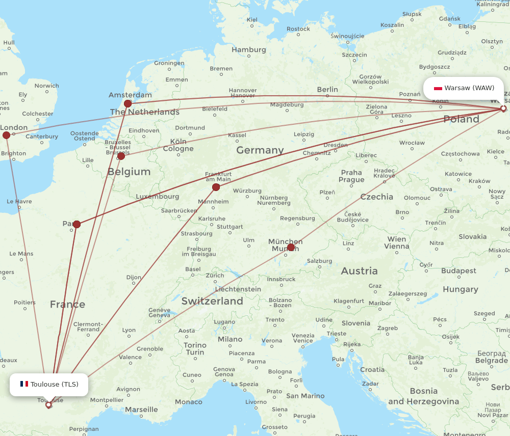 TLS-WAW flight routes