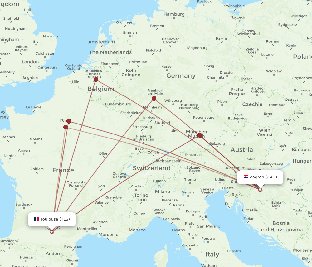 TLS to ZAG flights and routes map